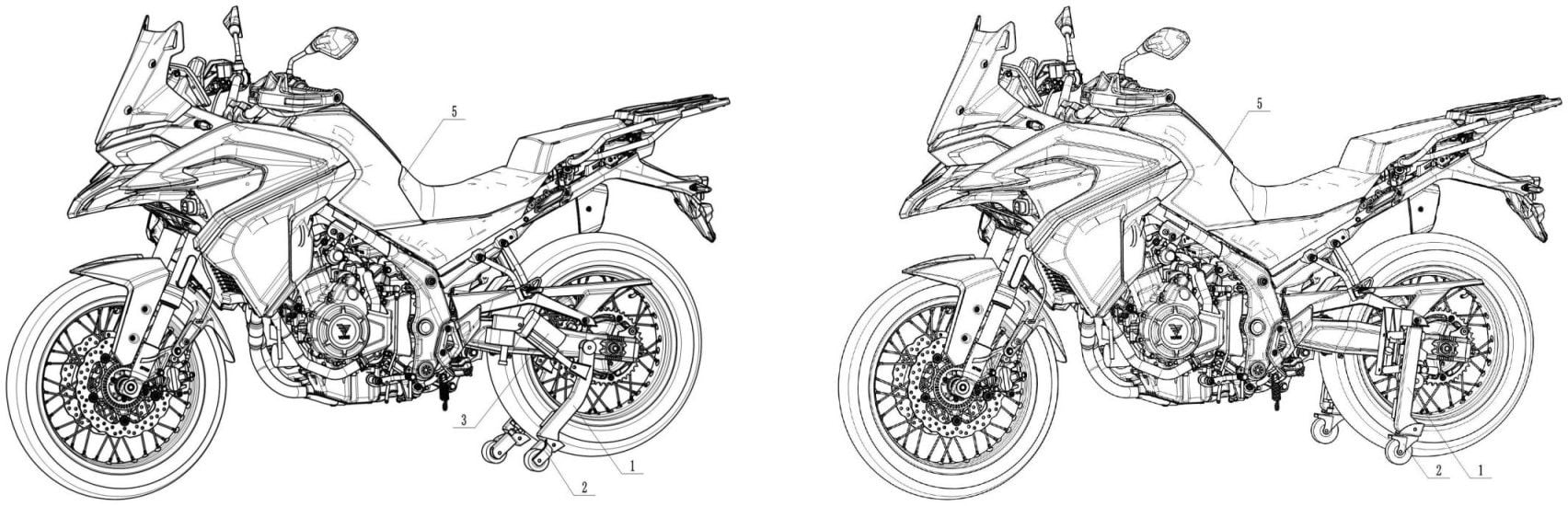 Voge註冊了兩種不同形式的後搖臂輔助輪設計